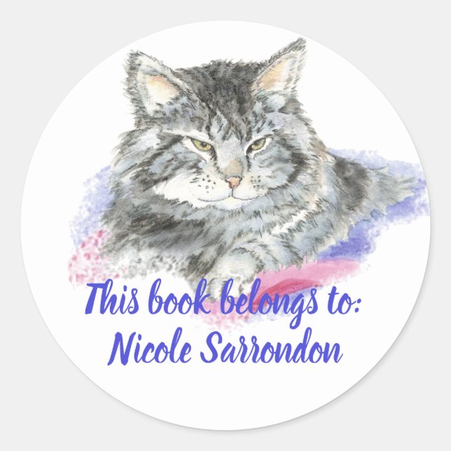 Watercolor Tabby Cat Book Plate Classic Round Sticker (Front)