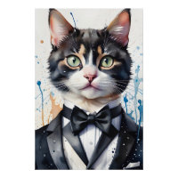 Watercolor Tabby Cat in Tuxedo Vest Black Bow Tie