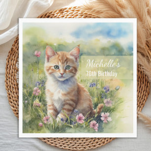 Watercolor Tabby Cat Pet Meadow 70th Birthday Napkin