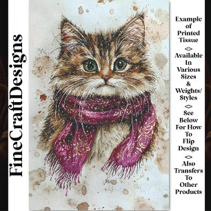 Watercolor Tabby Cat, Scarf, Snowy BZ4 Decoupage Tissue Paper