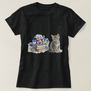 Watercolor Tabby Kitten Pansies Books Art T-Shirt