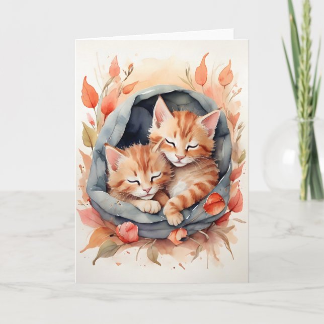 Watercolor Tabby Kittens Sleeping Flowers Blank Card (Front)