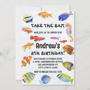 Watercolor Take The Bait Fishing Birthday Invitation