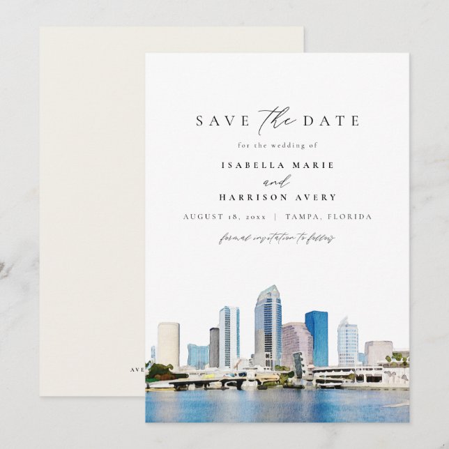 Watercolor Tampa Florida Skyline Save the Date Invitation (Front/Back)