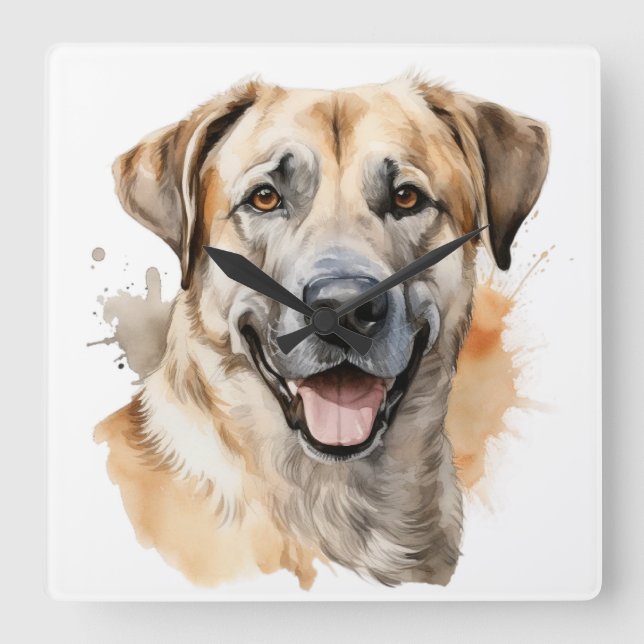 WATERCOLOR TAN ANATOLIAN SHEPHERD DOG SQUARE WALL CLOCK (Front)