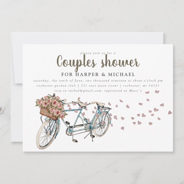 Watercolor Tandem bicycle couples shower Invitation (Front)