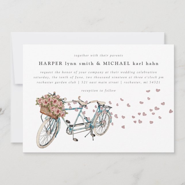 Watercolor Tandem bicycle wedding Invitation (Front)