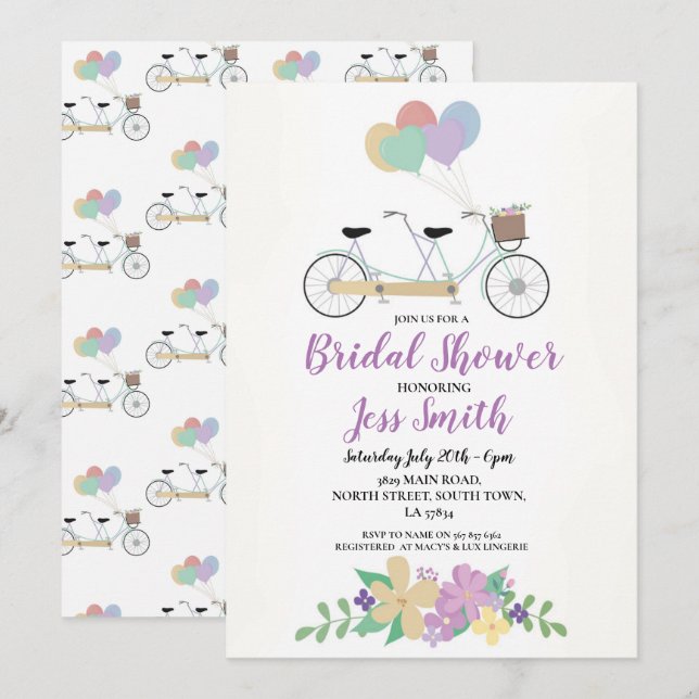 Watercolor Tandem Bridal Shower Party Flowers Bike Invitation (Front/Back)