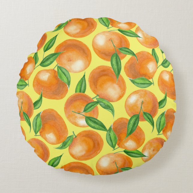 Watercolor tangerines round cushion (Front)