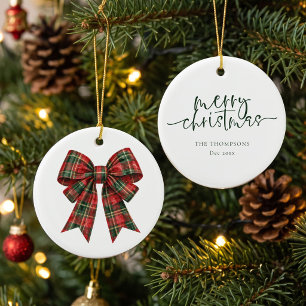 Watercolor Tartan Bow Names Merry Christmas Ceramic Tree Decoration