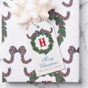 Watercolor Tartan Plaid Bow Monogram Wreath Gift Tags