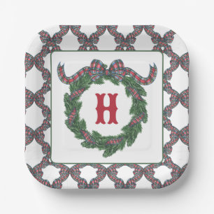 Watercolor Tartan Plaid Bow Monogram Wreath Paper Plate