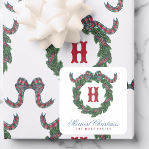 Watercolor Tartan Plaid Bow Monogram Wreath Square Sticker