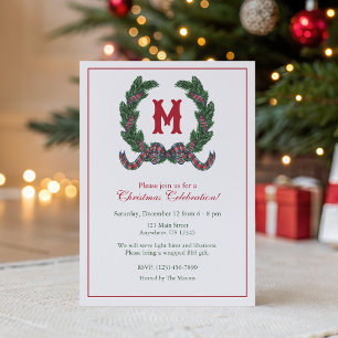 Watercolor Tartan Plaid Christmas Monogram Wreath Invitation