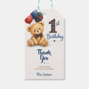Watercolor Tartan Teddy Bear 1st Birthday Gift Tags