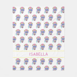 Watercolor Tattoo Art NAME Colourful Sugar Skulls Fleece Blanket