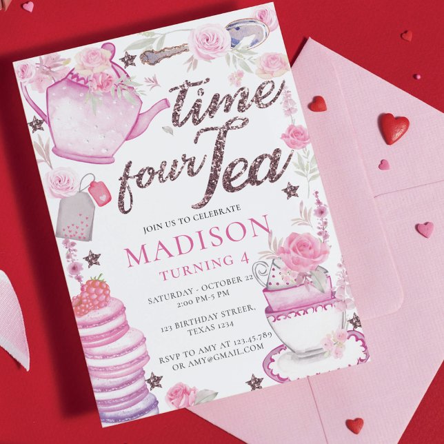 Watercolor Tea Party 4th Birthday Glitter Invitation (Creator Uploaded)