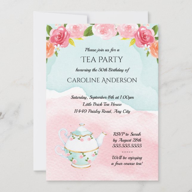 Watercolor Tea Party Birthday Party Invitation (Front)
