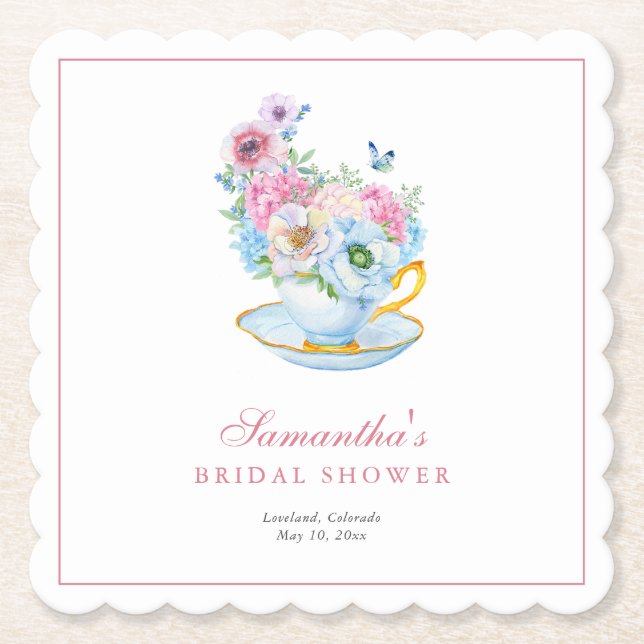Watercolor Tea Party Bridal shower Paper Coaster (Front)