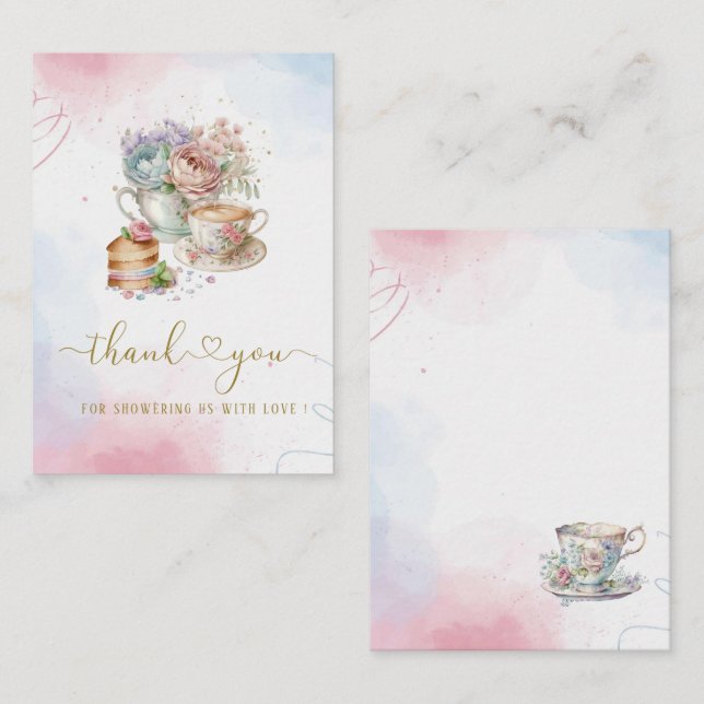 Watercolor Tea Party Pink Gold  thank you Card (Front/Back)
