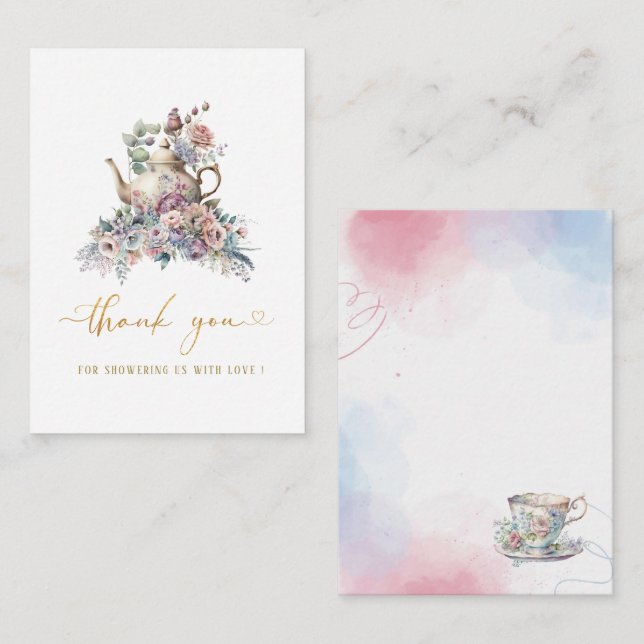 Watercolor tea party pink gold   thank you card (Front/Back)