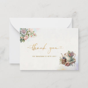 Watercolor tea party pink gold thank you card