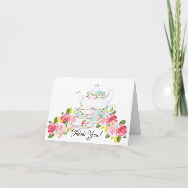 Watercolor Tea Party Shower Thank You Card (Front)