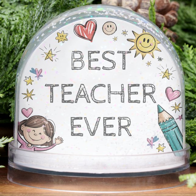 Watercolor Teacher Heart Cute Doodle Appreciation  Snowglobe (Watercolor Teacher Heart Cute Doodle Appreciation Snow Globes custom text personalized message thank)