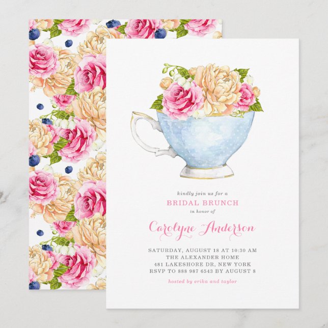 Watercolor Teacup Bouquet Flowers Bridal Brunch Invitation (Front/Back)