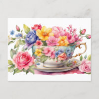 Watercolor Teacup with Beautiful Flowers