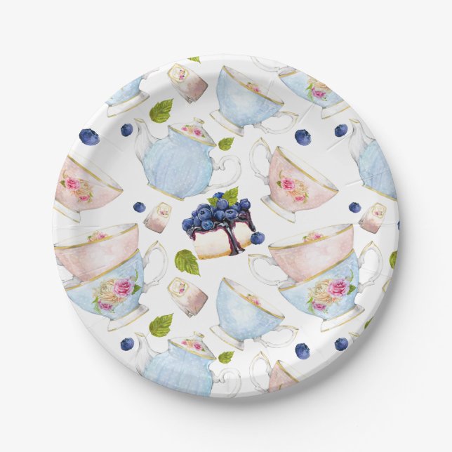 Watercolor Teacups and Teapots Pattern High Tea Paper Plate (Front)