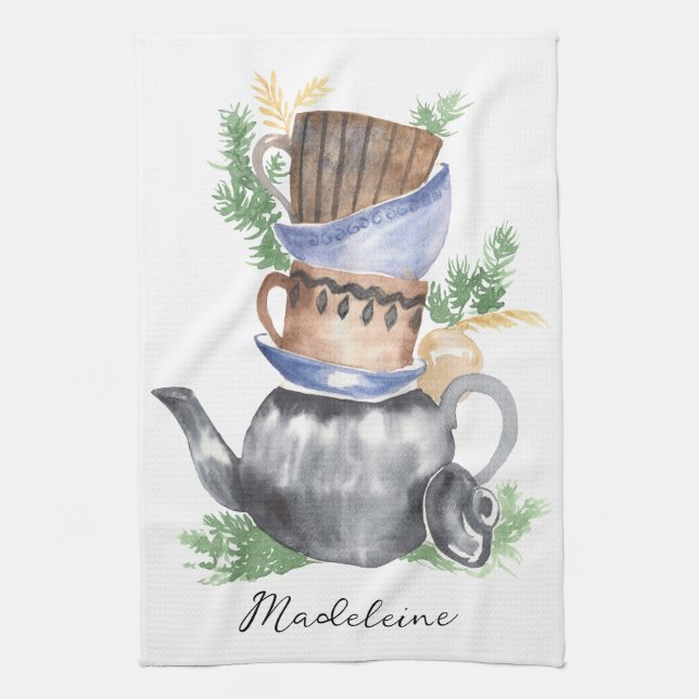 Watercolor Teacups & Teapot Script Name Tea Towel (Vertical)