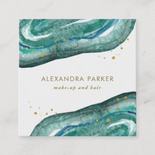 Watercolor Teal and Faux Gold Geode Square Business Card