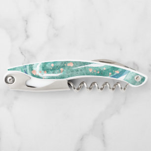Watercolor Teal and Faux Rose Gold Geode Corkscrew