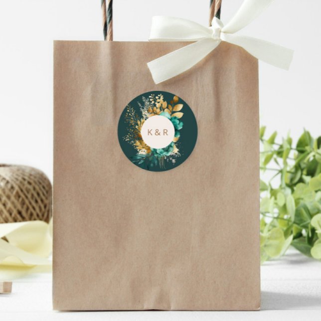 Watercolor Teal and Gold Floral Monogram Wedding Classic Round Sticker (Creator Uploaded)