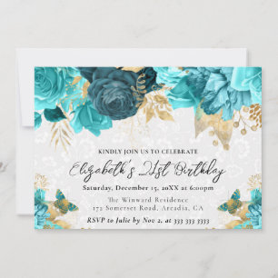 Watercolor Teal and Gold Flowers 21st Birthday Invitation