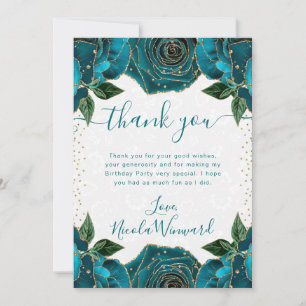 Watercolor Teal and Gold Flowers Birthday Thank You Card