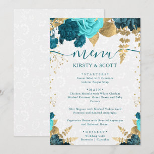 Watercolor Teal and Gold Flowers Wedding Menu