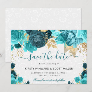 Watercolor Teal and Gold Flowers Wedding Save The Date