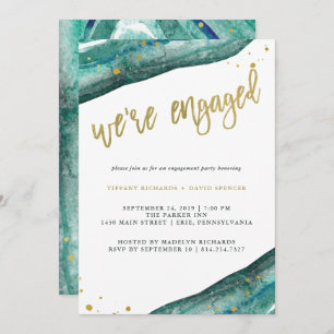 Watercolor Teal and Gold Geode Engagement Party Invitation