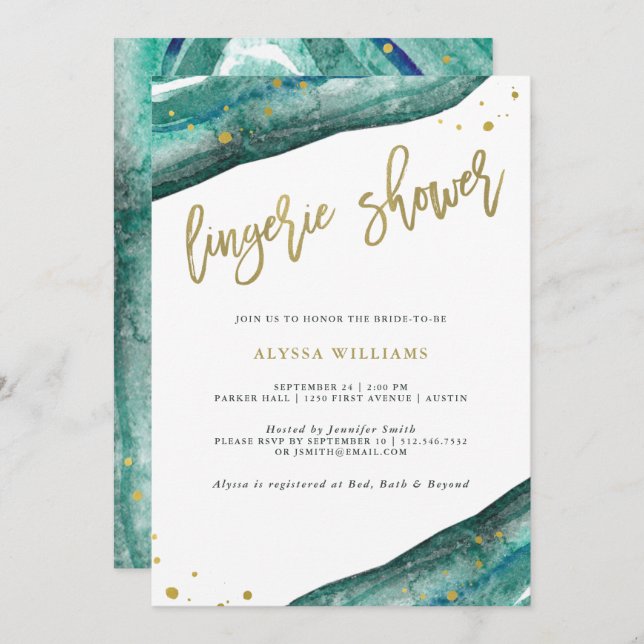 Watercolor Teal and Gold Geode Lingerie Shower Invitation (Front/Back)