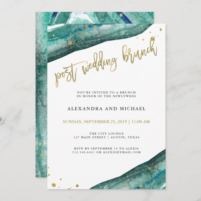 Watercolor Teal and Gold Geode Post Wedding Brunch Invitation (Front/Back)