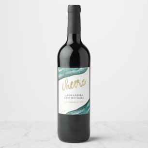 Watercolor Teal and Gold Geode Wedding Cheers Wine Label