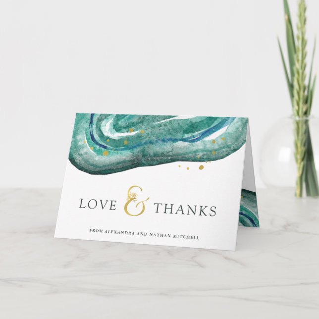 Watercolor Teal and Gold Geode | Wedding Thank You (Front)
