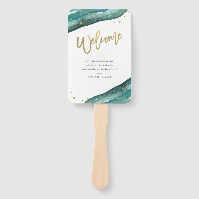 Watercolor Teal and Gold Geode Wedding Welcome Hand Fan (Front)