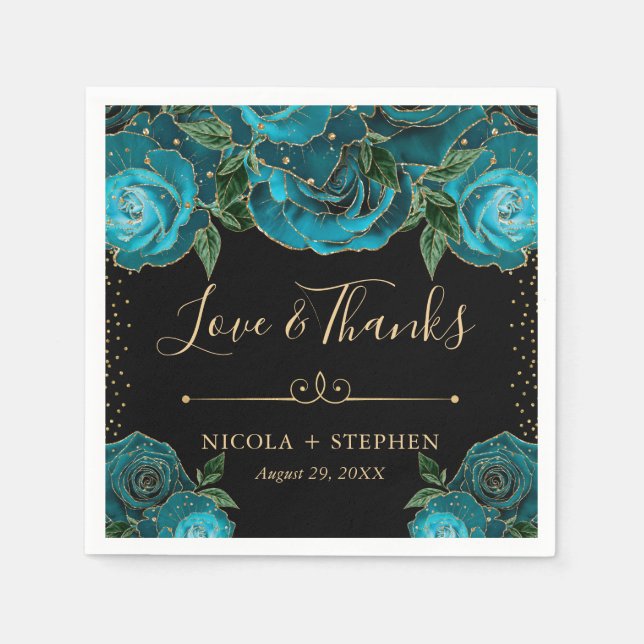 Watercolor Teal and Gold Glam Roses Wedding Napkin (Front)
