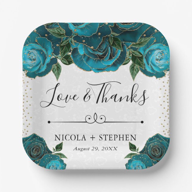 Watercolor Teal and Gold Glam Roses Wedding Paper Plate (Front)