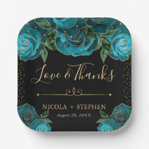 Watercolor Teal and Gold Glam Roses Wedding Paper Plate