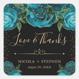 Watercolor Teal and Gold Glam Roses Wedding Square Sticker