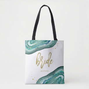 Watercolor Teal and Gold Look Geode Bride Tote Bag